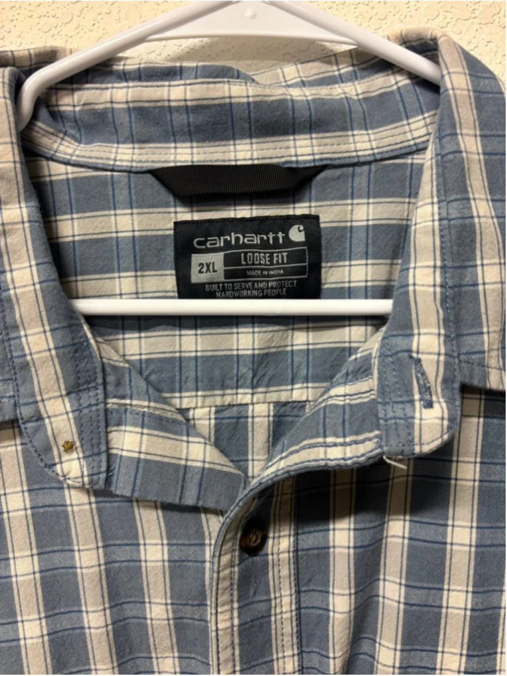 Carhartt Casual Button Down Shirt XXL Blue White Plaid 100% cotton loose fit